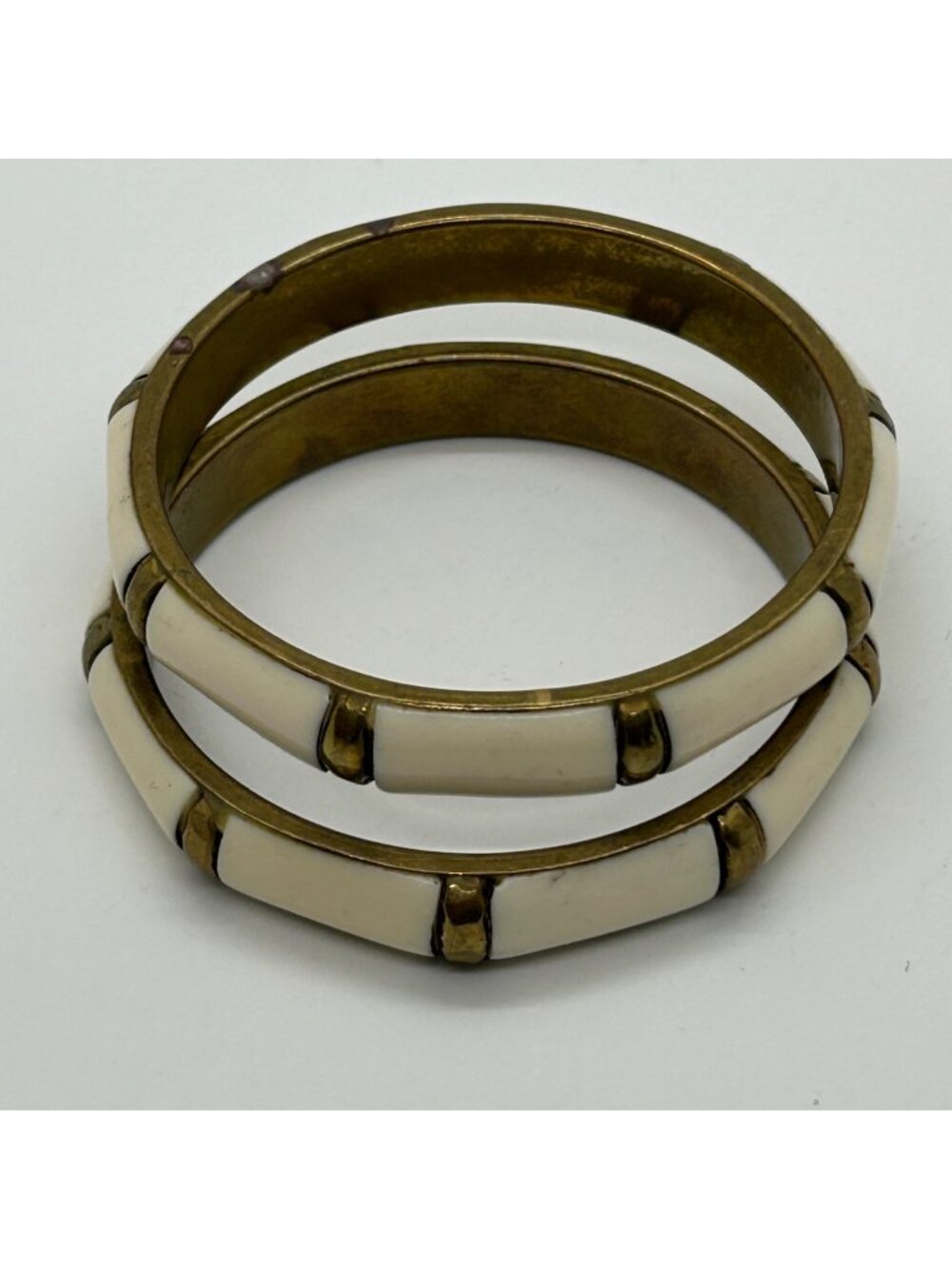 Vintage Brass Bangle Bracelet Set Cream Acrylic Tribal Ethnic Bohemian Retro